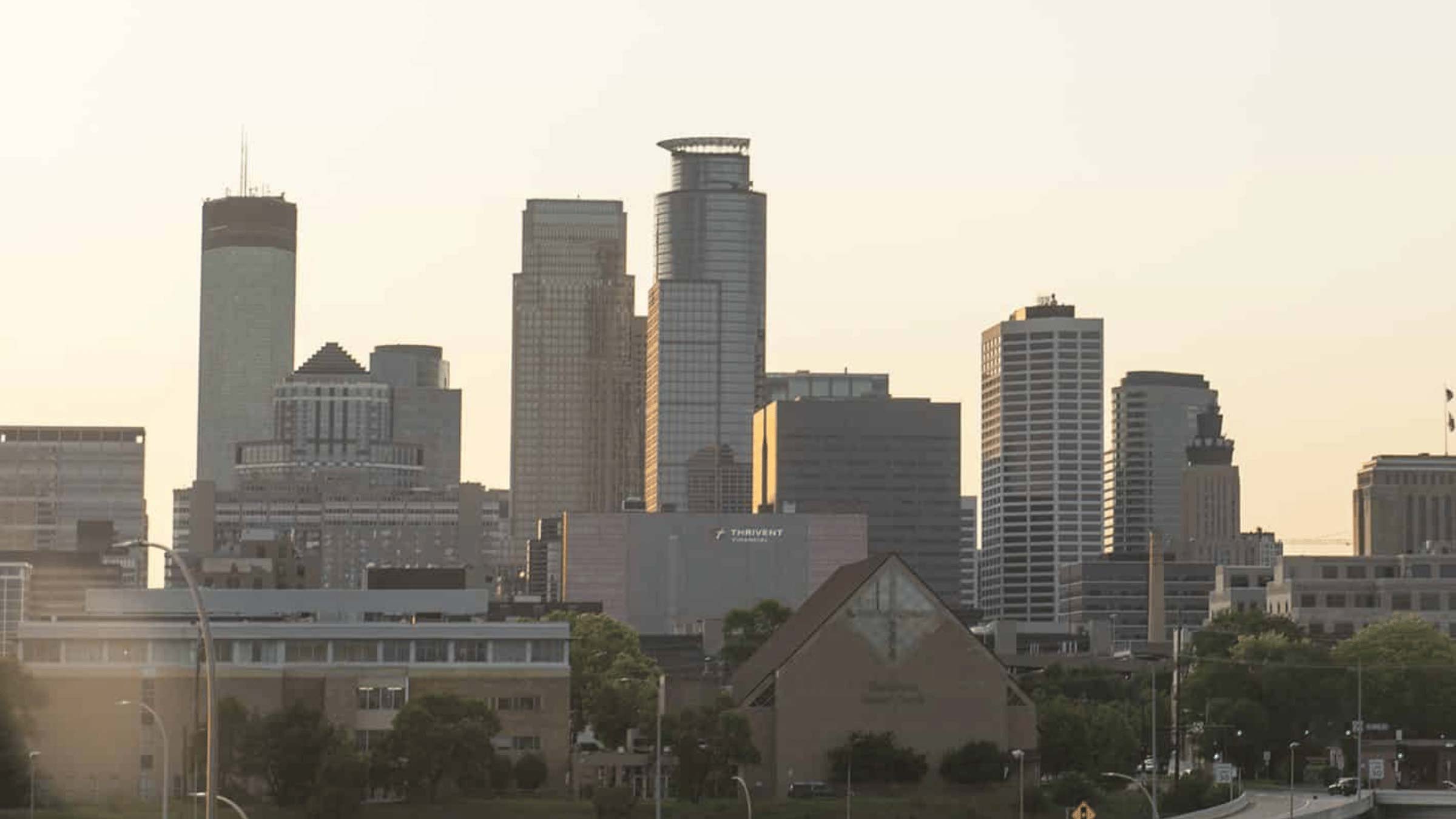 The Minneapolis skyline with the sun setting