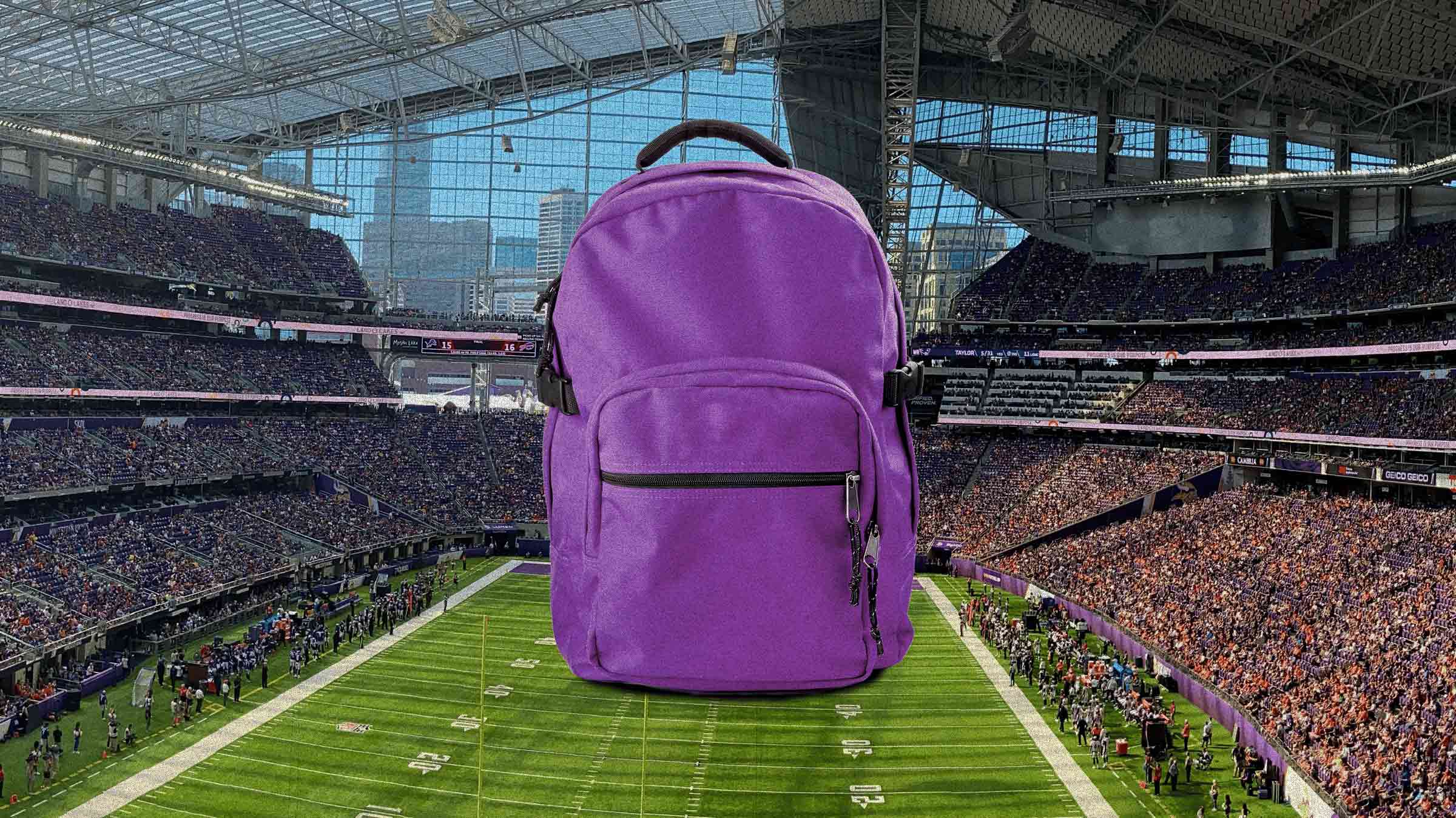 A backpack is placed in front of the Vikings stadium