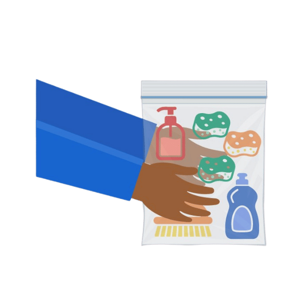 A graphic of hands holding a zip-lock bag of home essentials.