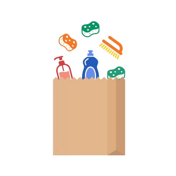 Graphic of a grocery bag filled with home essentials.